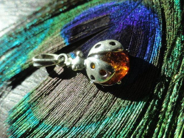 BALTIC AMBER LADYBUG Sterling Silver Pendant (Includes Silver Chain) - Earth Family Crystals