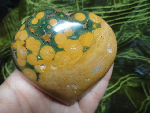 Mustard Yellow & Forest Green OCEAN JASPER GEMSTONE HEART With Druzy Caves - Earth Family Crystals