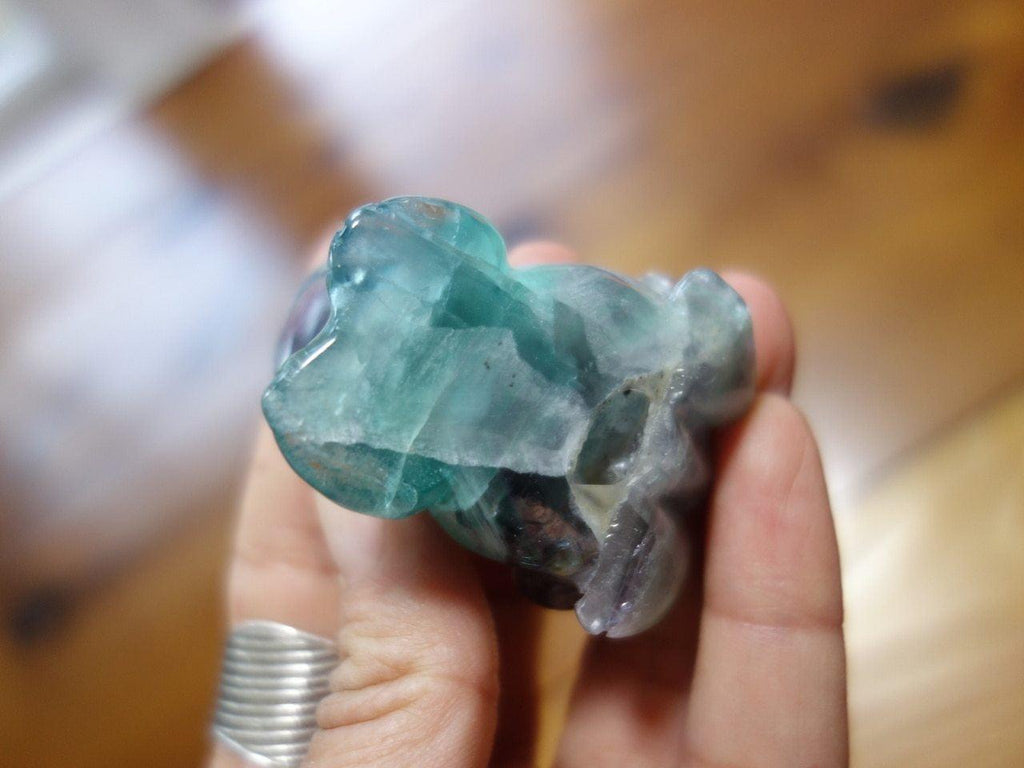 Amazing Aqua Blue Green and Purple Fluorite Frog Carving (Cave Underneath) - Earth Family Crystals
