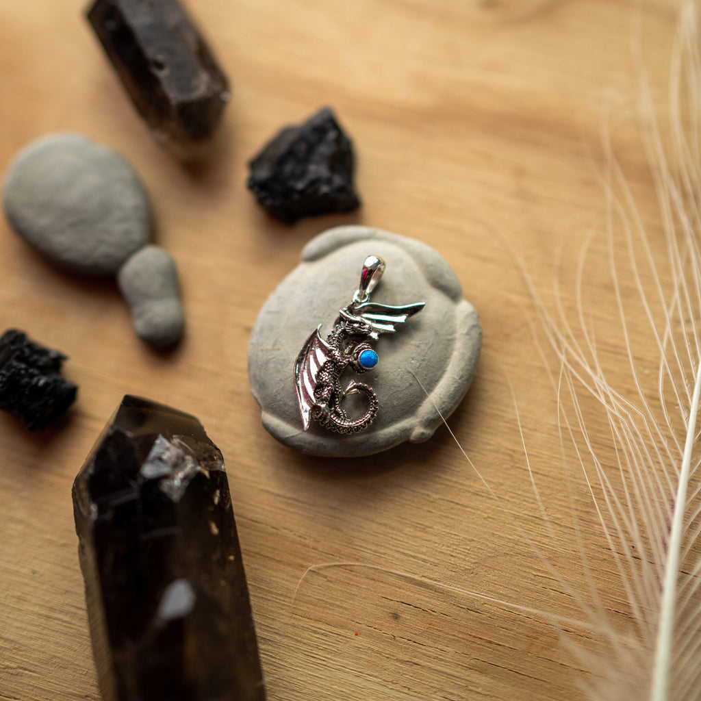 Protective Dragon Energy Pendant with Blue Opal ~ Sterling Silver ~ Silver Chain Included - Earth Family Crystals