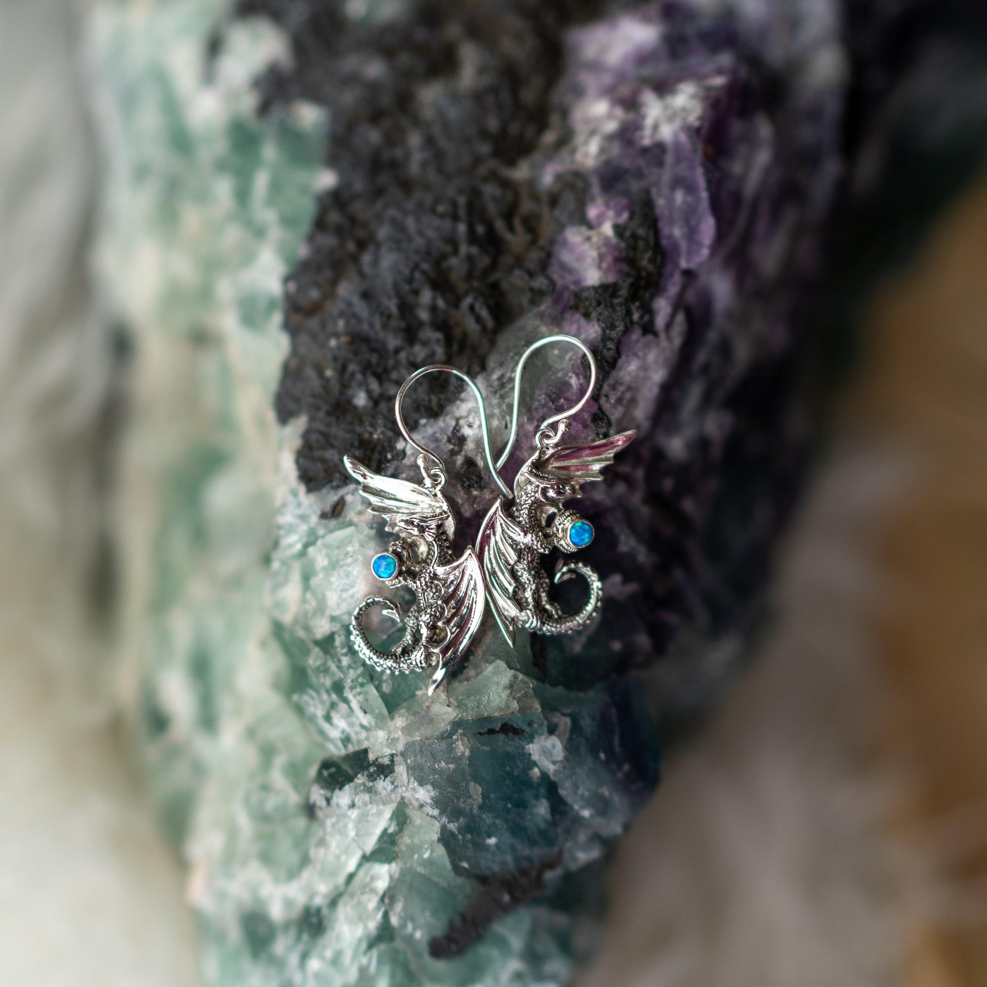 Protective Dragon Energy Earrings with Blue Opal ~ Sterling Silver ~ - Earth Family Crystals