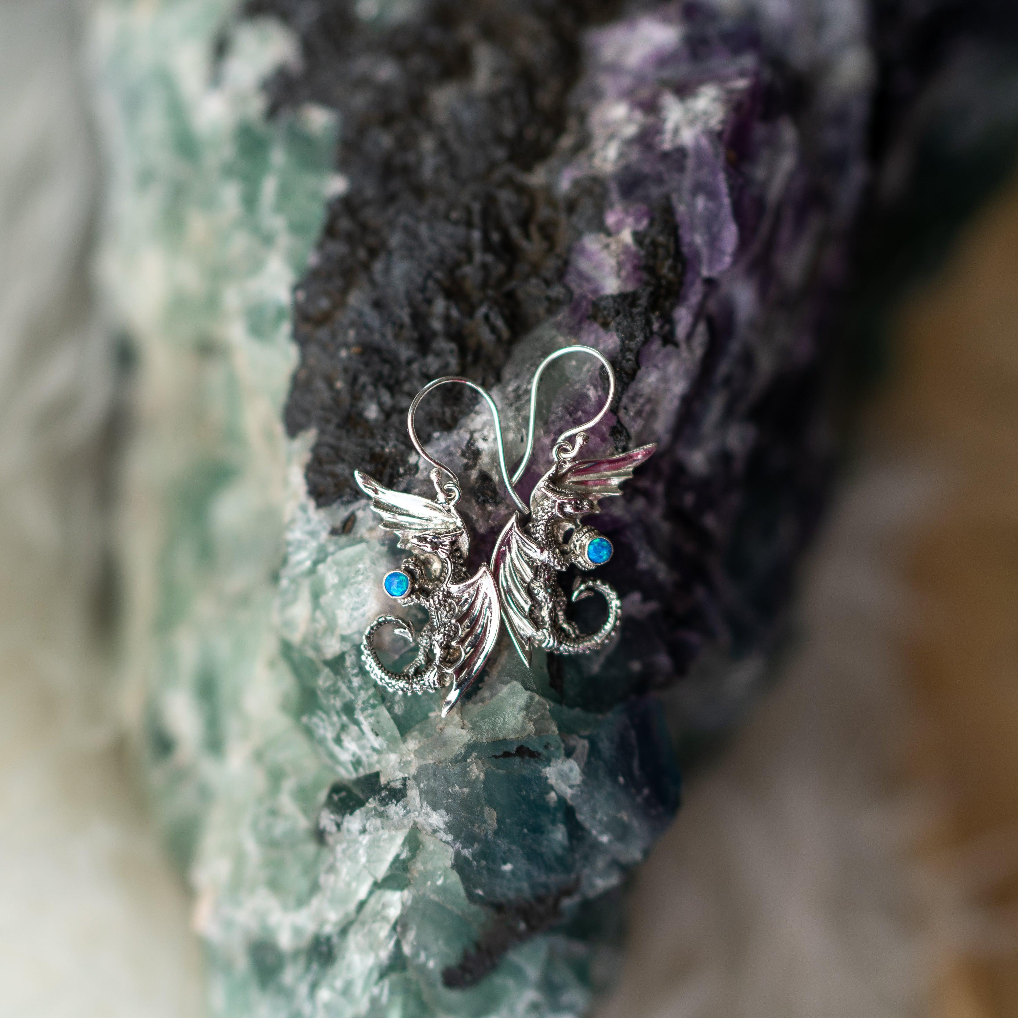 Protective Dragon Energy Earrings with Blue Opal ~ Sterling Silver ~ - Earth Family Crystals