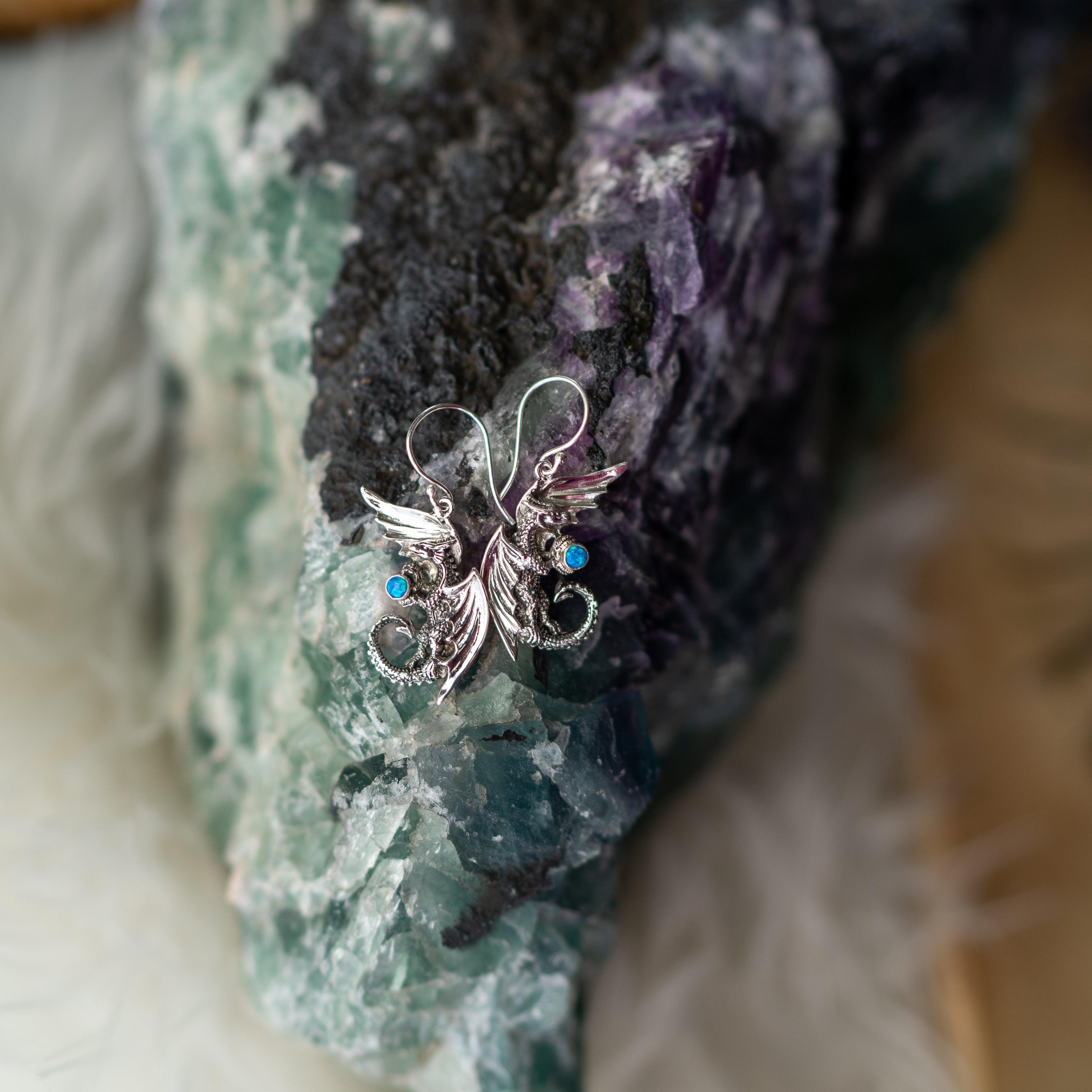 Protective Dragon Energy Earrings with Blue Opal ~ Sterling Silver ~ - Earth Family Crystals