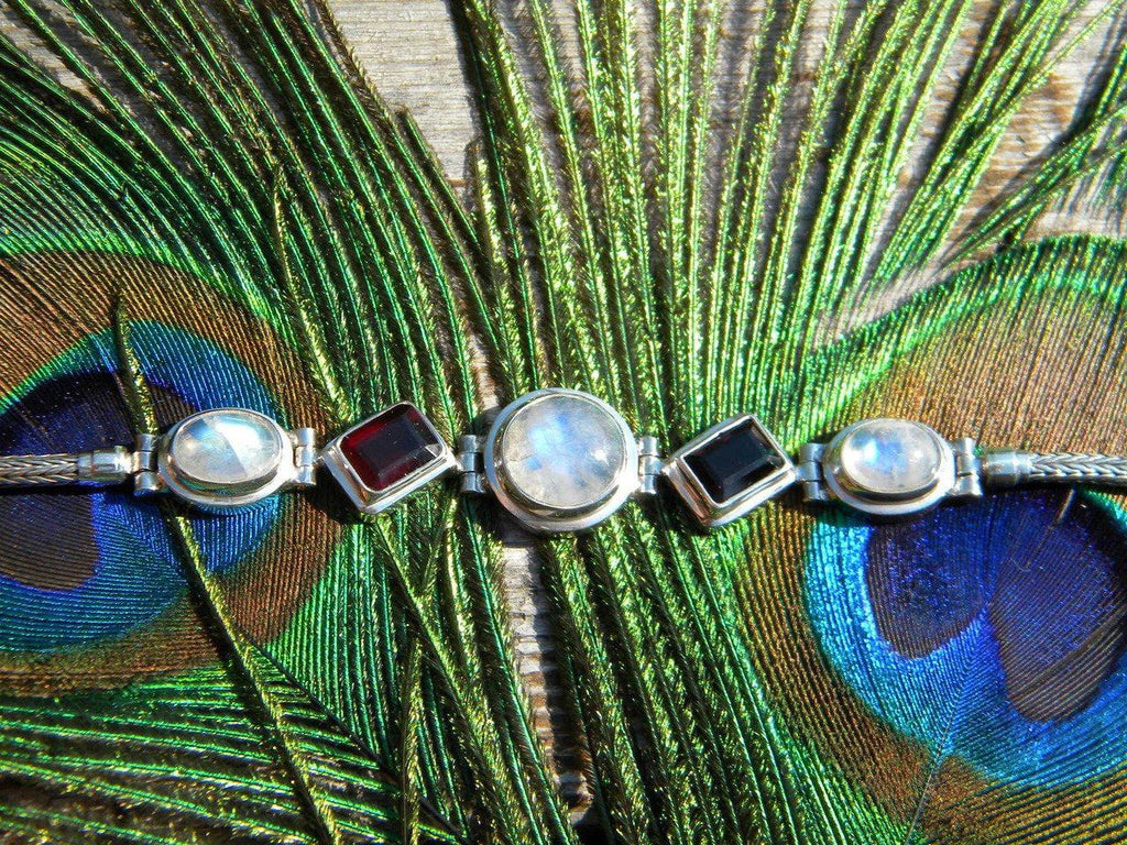 Custom Crafted RAINBOW MOONSTONE & RED GARNET Sterling Silver Bracelet - Earth Family Crystals