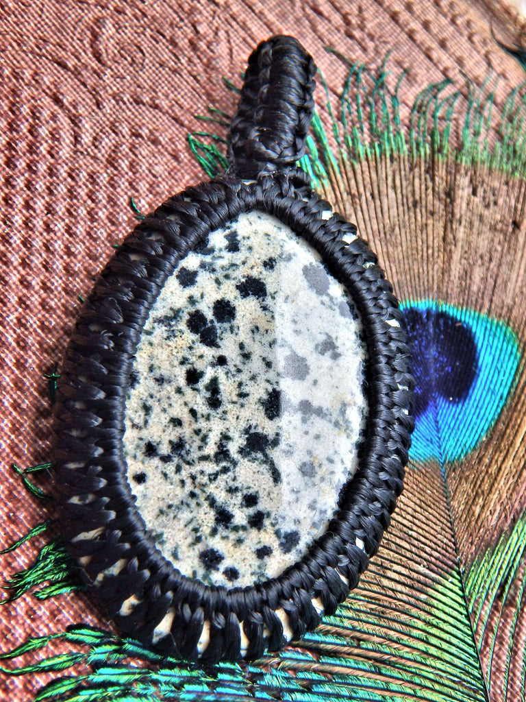 Spotted Dalmatian Jasper  Macrame Wrapped Pendant - Earth Family Crystals