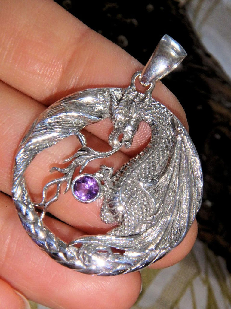 Powerful Dragon & Faceted Amethyst Pendant in Sterling Silver (Includes Silver Chain) - Earth Family Crystals