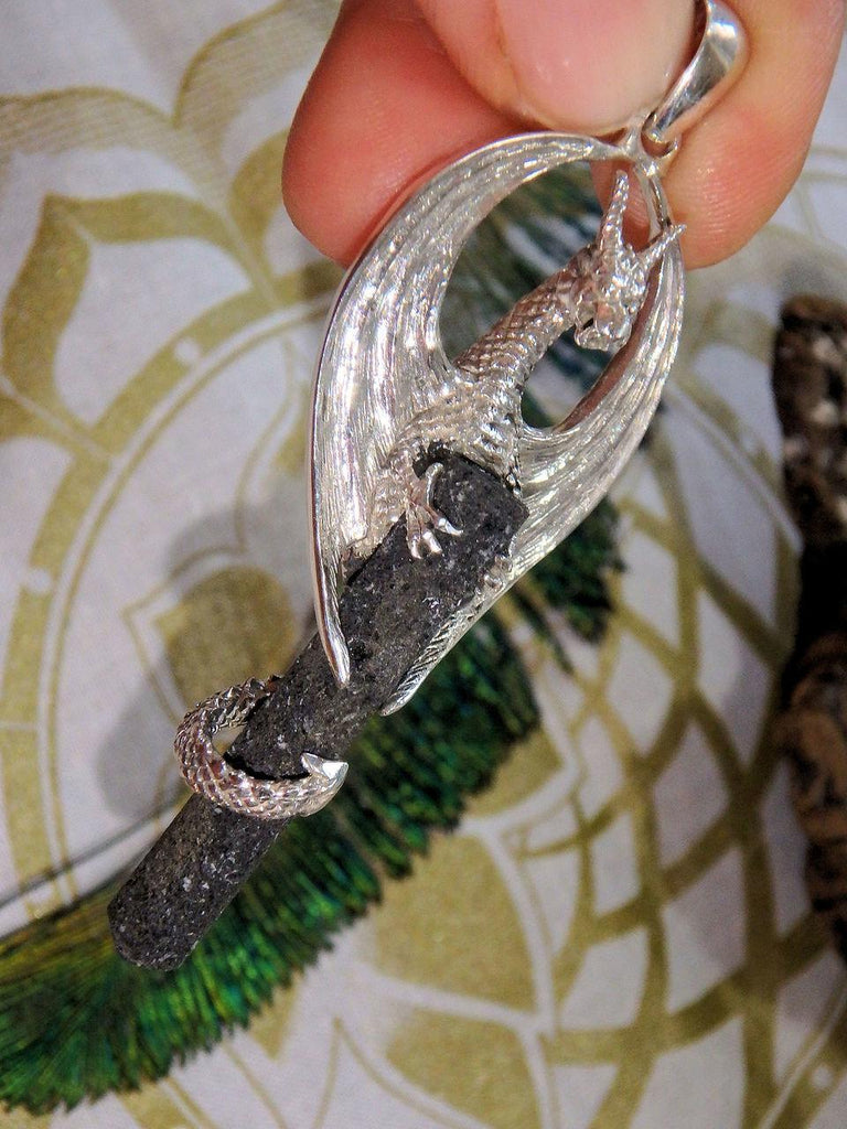 Mystical Dragon & Lava Stone Pendant in Sterling Silver (Includes Silver Chain) - Earth Family Crystals