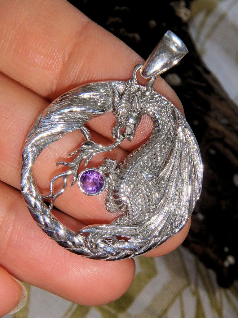 Powerful Dragon & Faceted Amethyst Pendant in Sterling Silver (Includes Silver Chain) - Earth Family Crystals