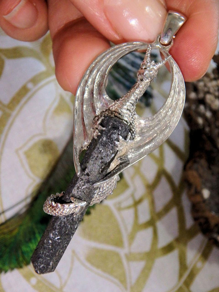 Mystical Dragon & Lava Stone Pendant in Sterling Silver (Includes Silver Chain) - Earth Family Crystals