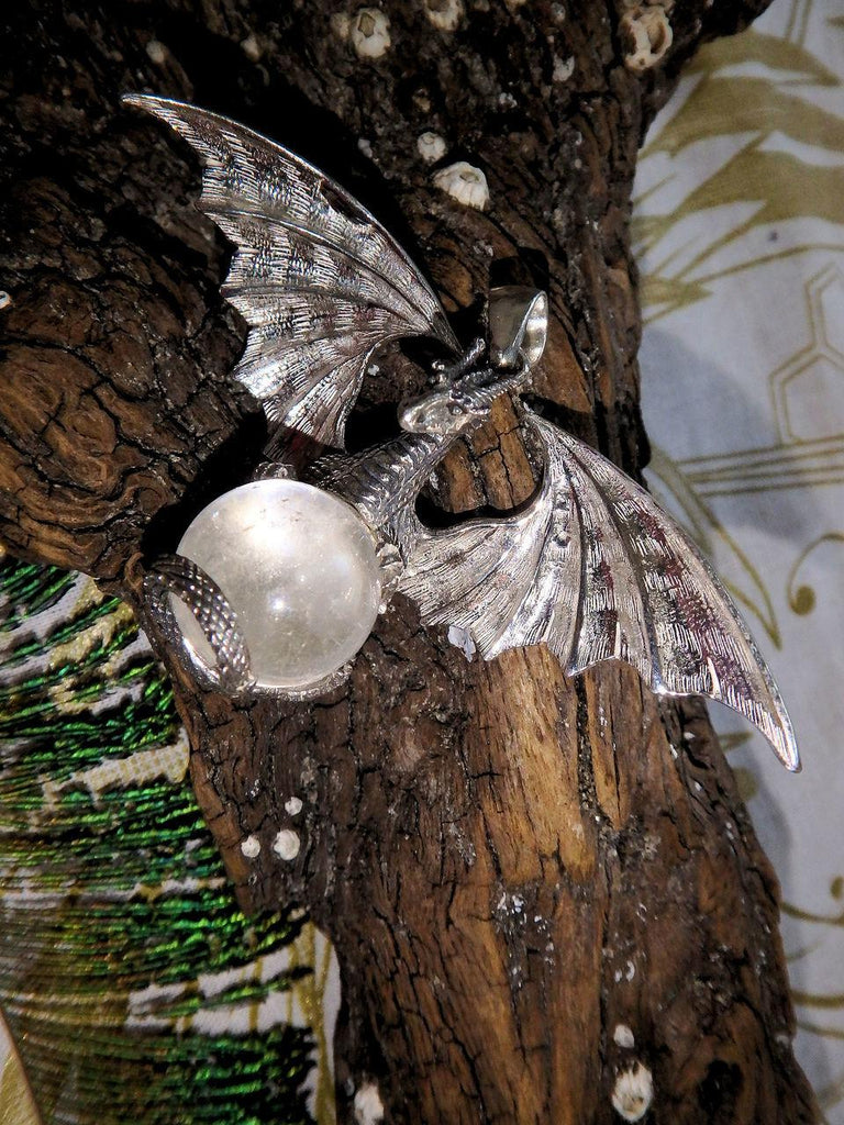 Incredible Statement Piece! Flying Dragon & Clear Quartz Sphere Pendant in Sterling Silver (Includes Silver Chain) - Earth Family Crystals