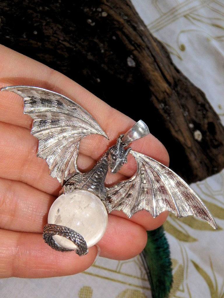 Incredible Statement Piece! Flying Dragon & Clear Quartz Sphere Pendant in Sterling Silver (Includes Silver Chain) - Earth Family Crystals