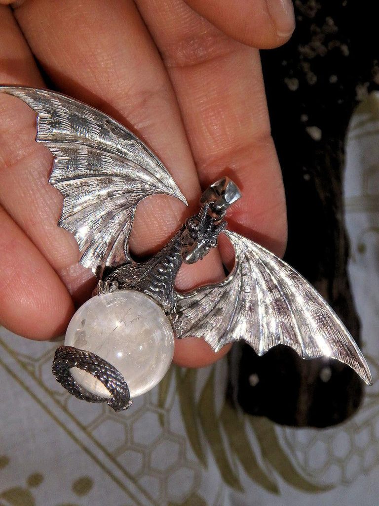 Incredible Statement Piece! Flying Dragon & Clear Quartz Sphere Pendant in Sterling Silver (Includes Silver Chain) - Earth Family Crystals