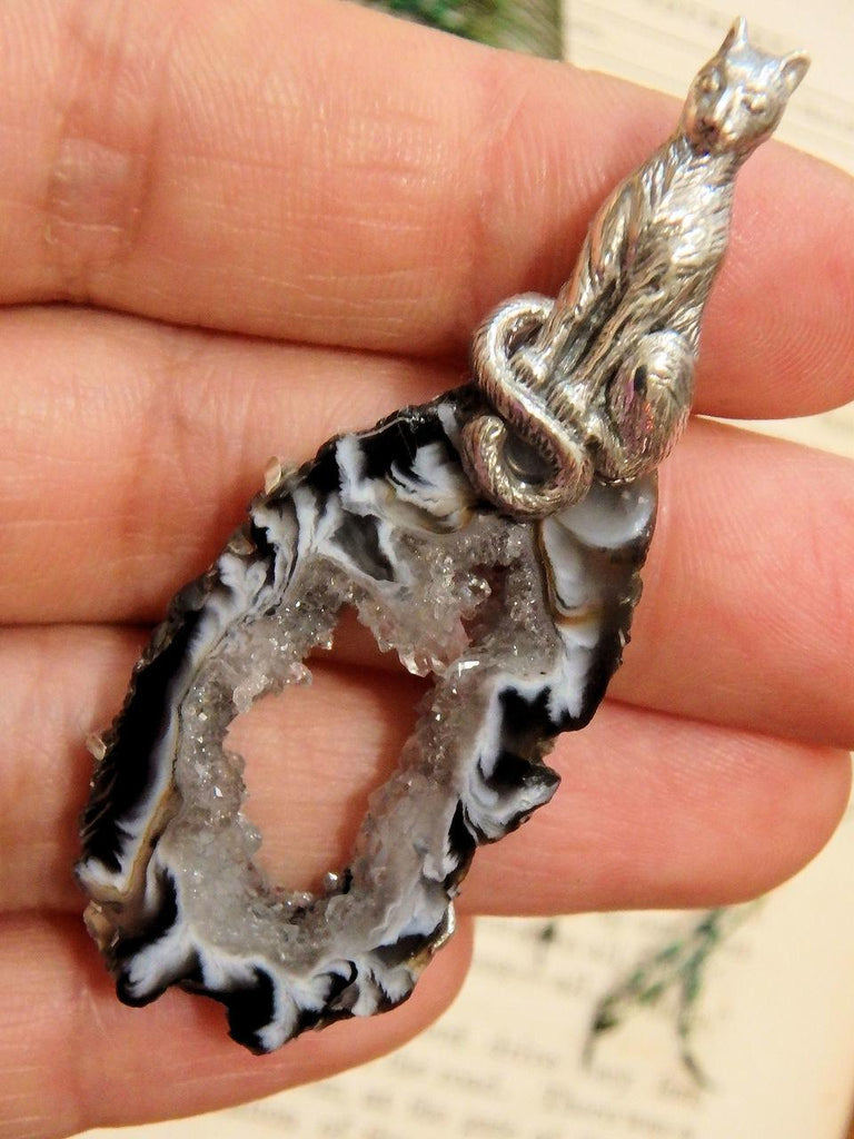 Precious Cat & Druzy Occo Agate Geode Pendant in Sterling Silver (Includes Silver Chain) - Earth Family Crystals