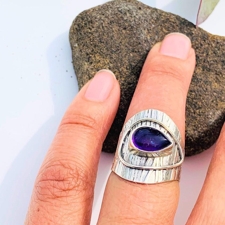 Cute Teardrop Purple Amethyst Sterling Silver Ring (Size 6) - Earth Family Crystals