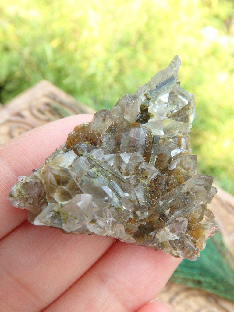 Adorable Clear Quartz & Green Epidote Cluster - Earth Family Crystals