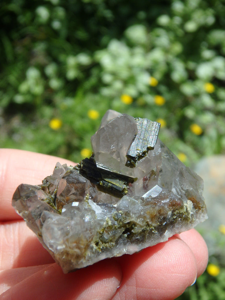 Forest Green Epidote Blades Nestled in Brazilian Quartz Cluster - Earth Family Crystals