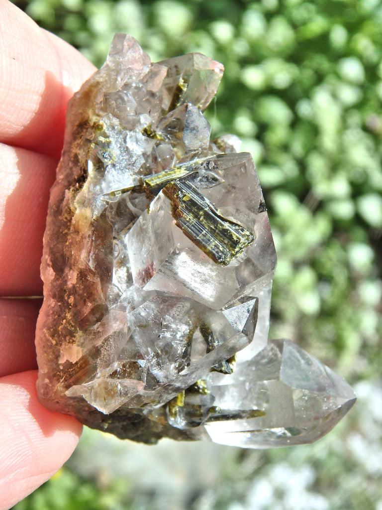 Forest Green Epidote Blades Nestled in Brazilian Quartz Cluster - Earth Family Crystals