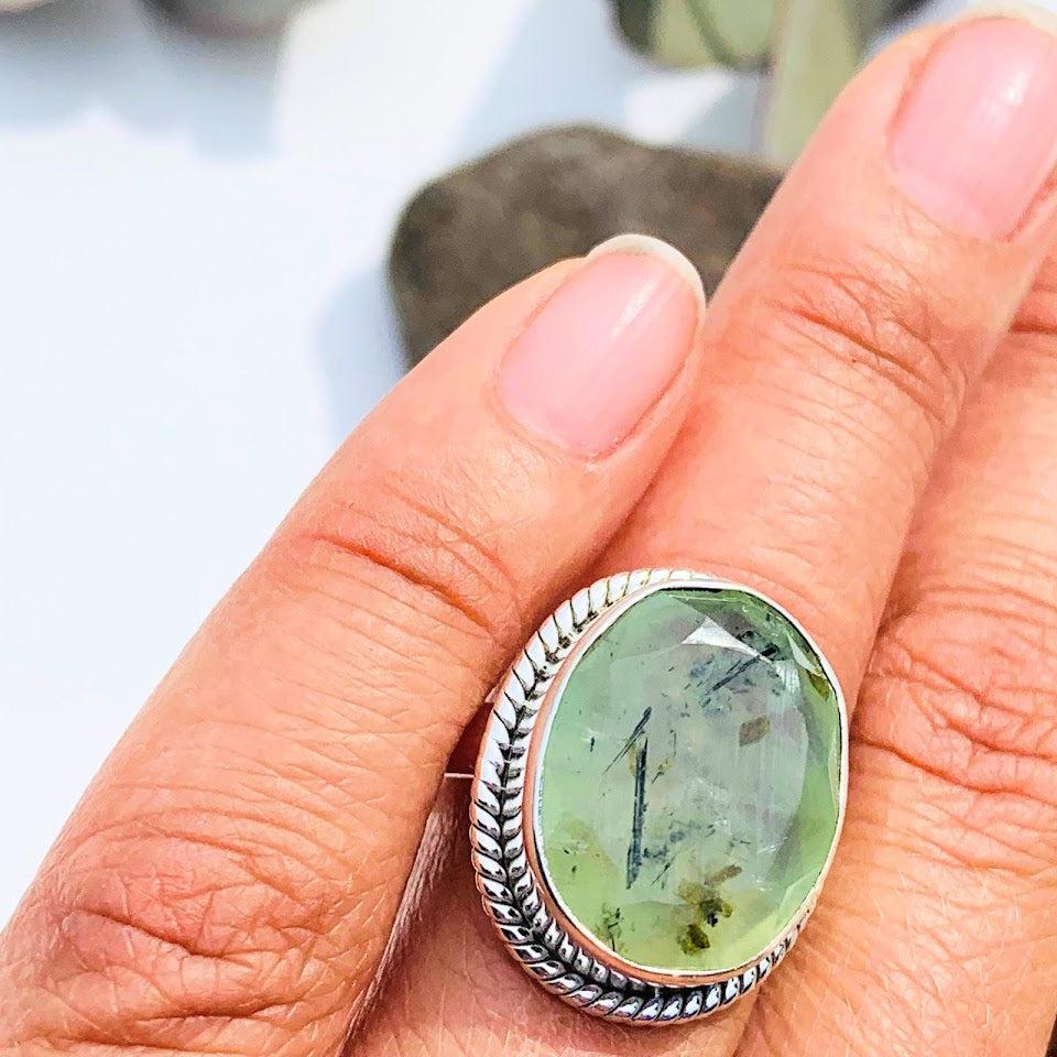 Lovely Mint Green Faceted Prehnite & Epidot Threads  Sterling Silver Ring (Size 9) - Earth Family Crystals