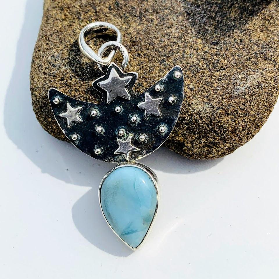 Trendy Crescent Moon & Stars Larimar Oxidized Sterling Silver Pendant (Includes Silver Chain) - Earth Family Crystals