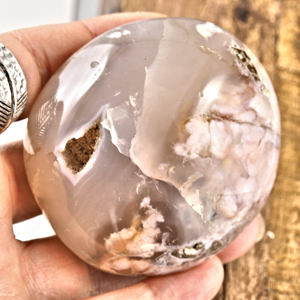NEW! Creamy Pink & Clear Large Flower Agate Palm Stone With Cave From Madagascar #1 - Earth Family Crystals