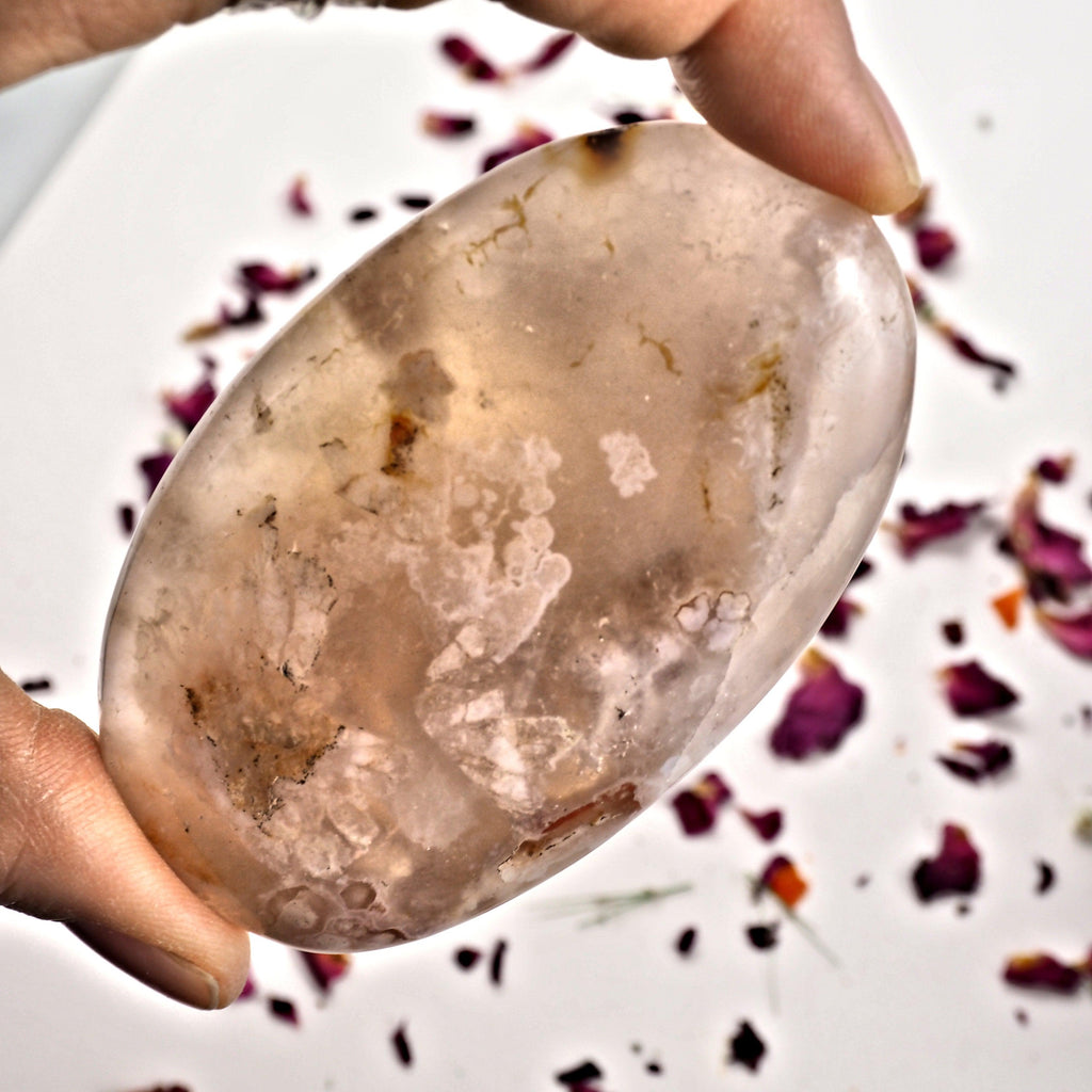 NEW! Creamy Pink & Clear Medium Flower Agate Palm Stone From Madagascar #2 - Earth Family Crystals