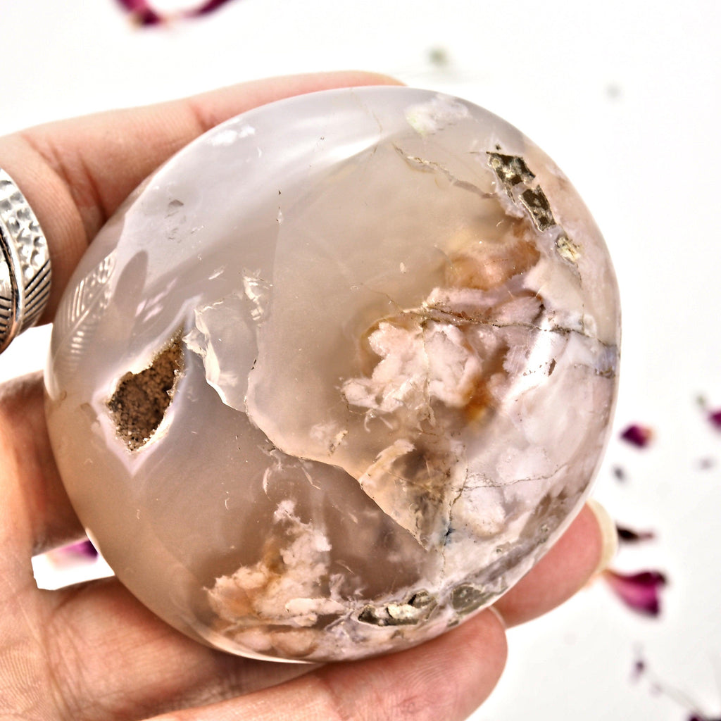 NEW! Creamy Pink & Clear Large Flower Agate Palm Stone With Cave From Madagascar #1 - Earth Family Crystals