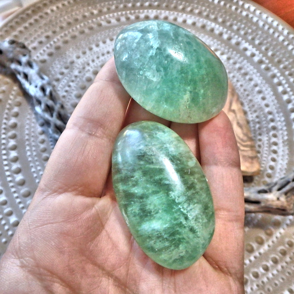 Peaceful Radiance Set of 2 Green Fluorite Pocket Stones - Earth Family Crystals