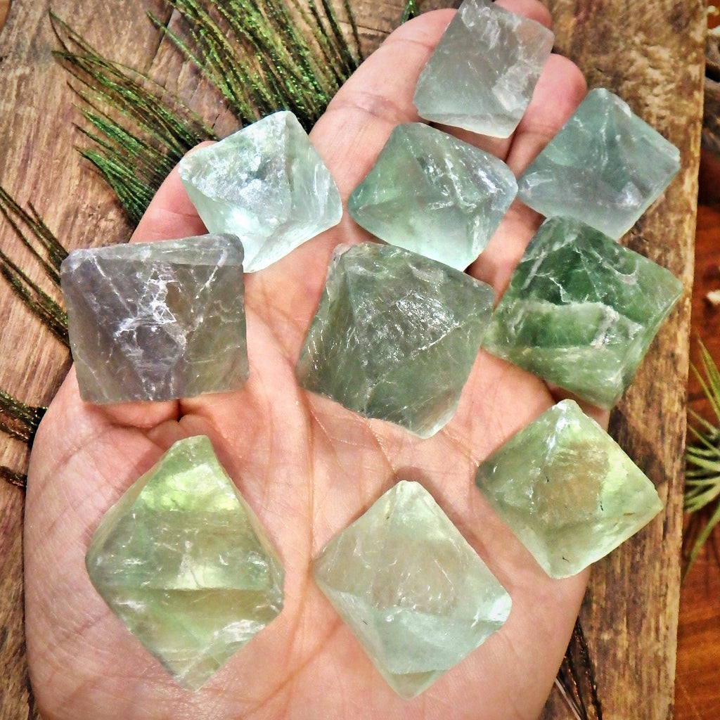 Set of 2 Natural Green Octahedron Fluorite Hand Held Specimen - Earth Family Crystals