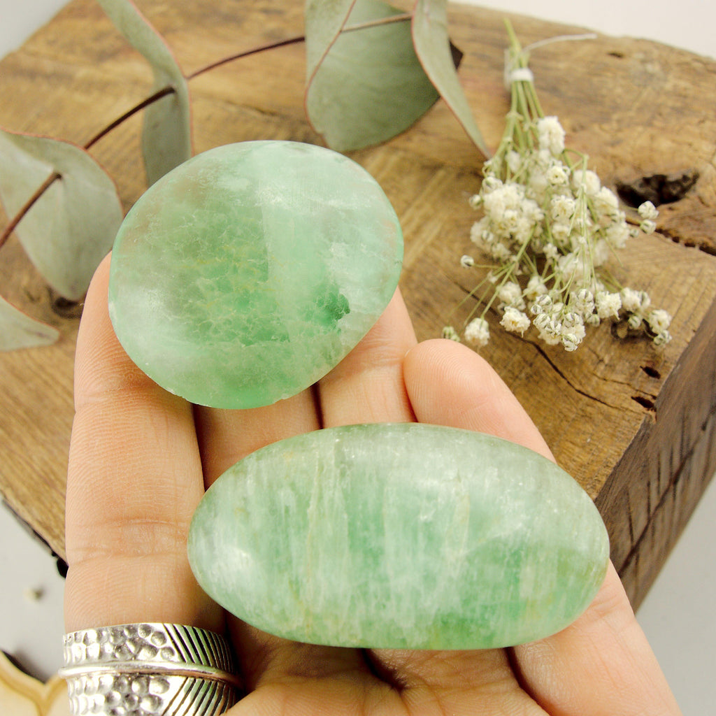 Set of 2 Uplifting Spring Green Fluorite Polished Palm Stone Set - Earth Family Crystals