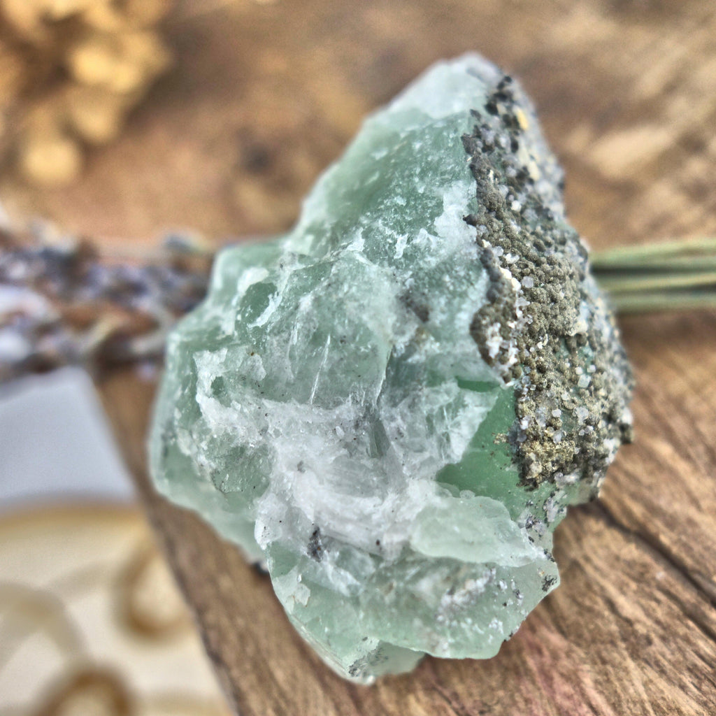 Raw Green Fluorite Chunk with Dusting of Druzy Quartz & Pyrite - Earth Family Crystals