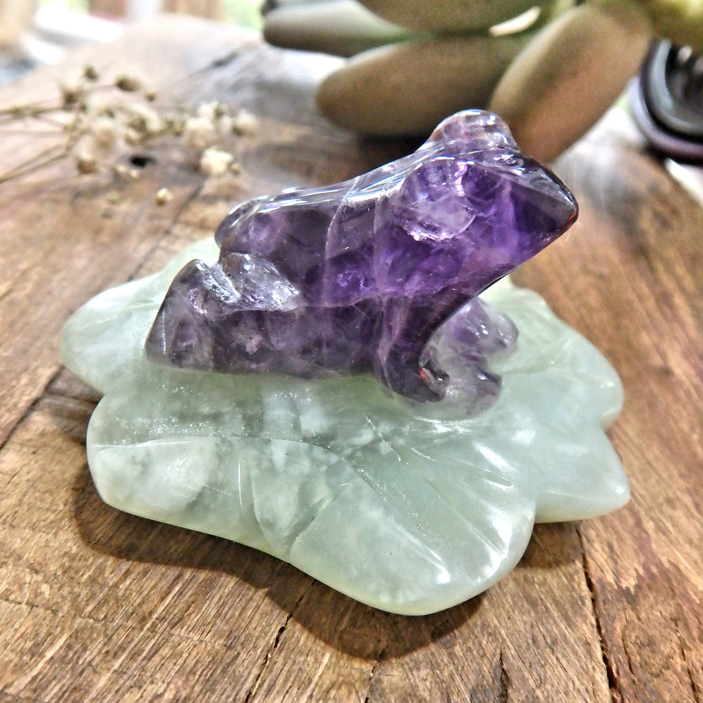 Vibrant Fluorite Frog on Mint Green Jade Lily Pad Display Carving 2 - Earth Family Crystals