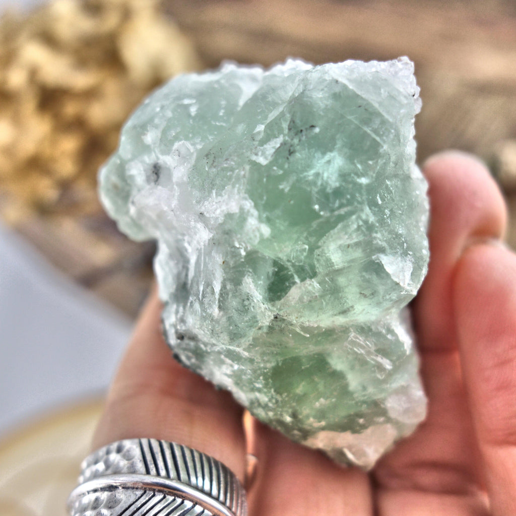 Raw Green Fluorite Chunk with Dusting of Druzy Quartz & Pyrite - Earth Family Crystals