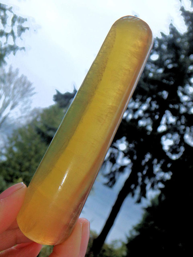 Sun Filled Golden Fluorite Wand With Green Streak - Earth Family Crystals