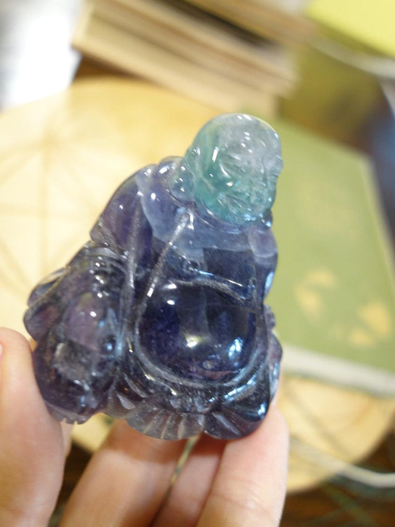 Fantastic Aqua Blue Deep Purple Happy Buddha Carving - Earth Family Crystals