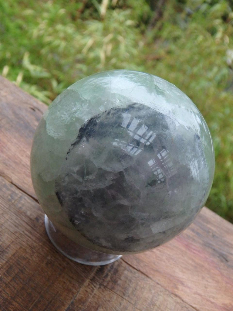 Green Fluorite Sphere With Hidden Rainbow Inclusions - Earth Family Crystals