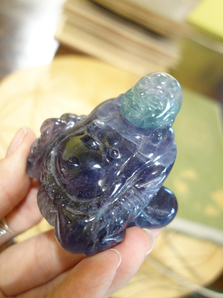 Fantastic Aqua Blue Deep Purple Happy Buddha Carving - Earth Family Crystals