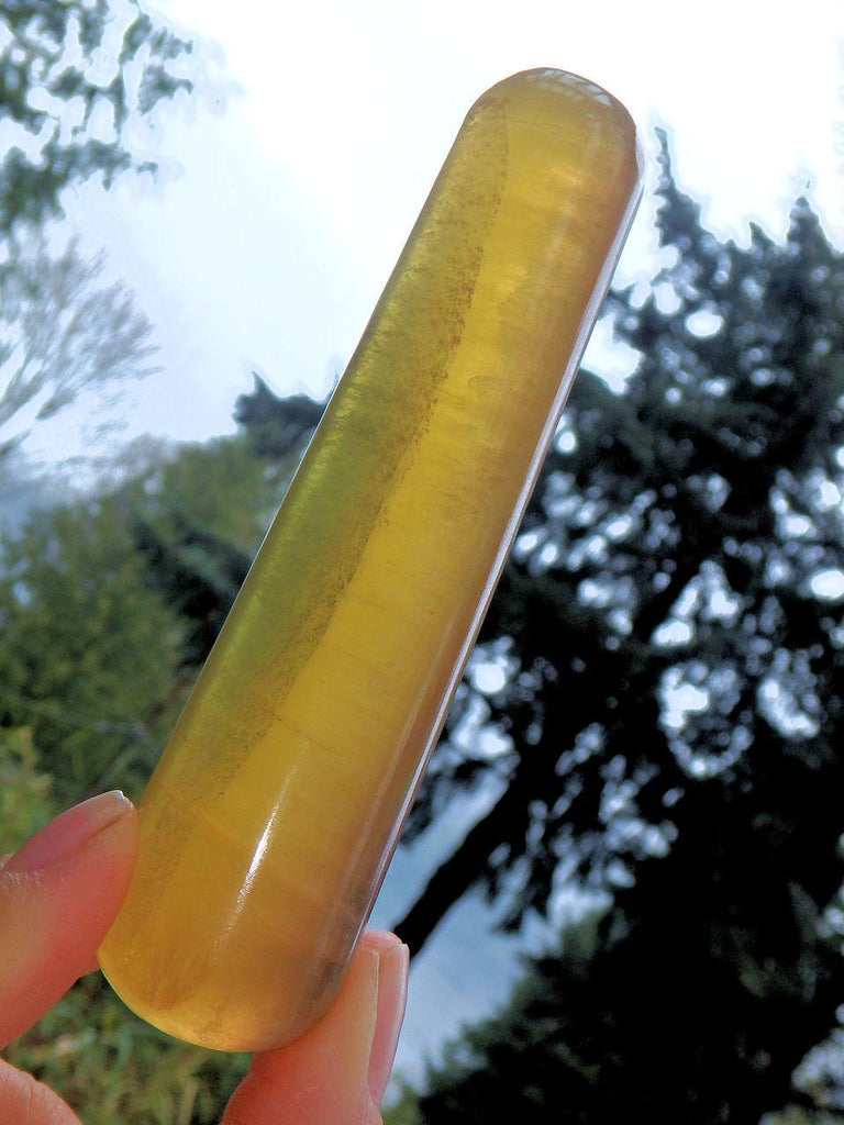 Sun Filled Golden Fluorite Wand With Green Streak - Earth Family Crystals