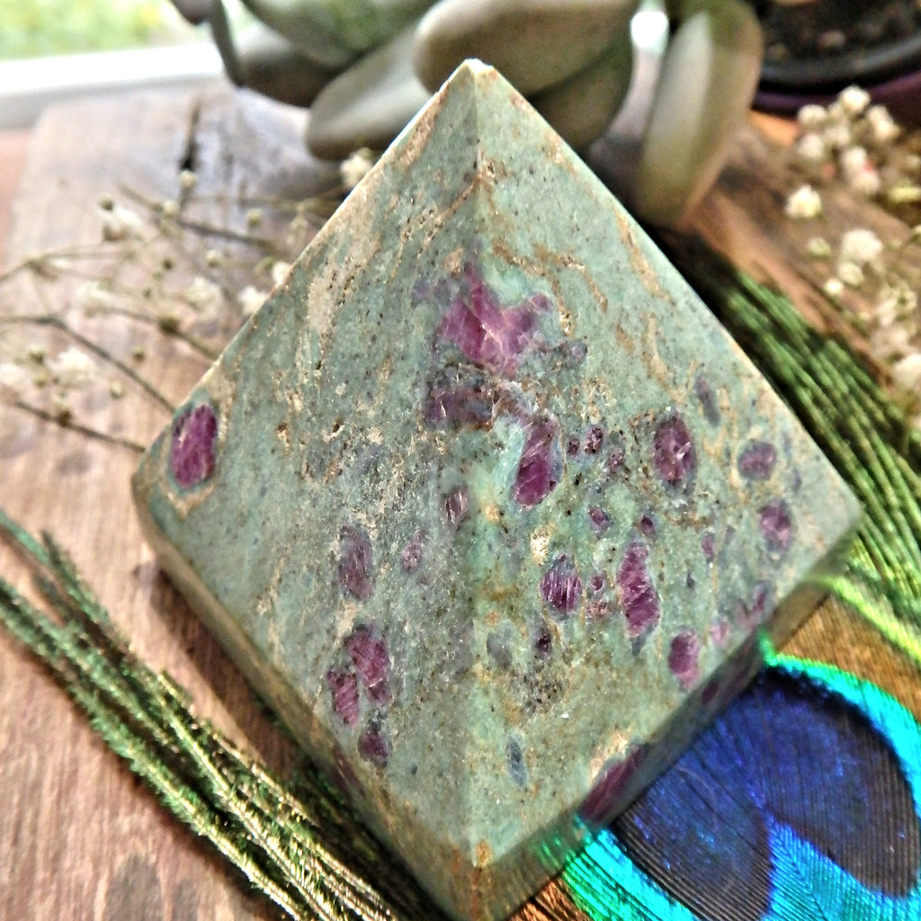 Mint Green & Burgundy Ruby Inclusions Ruby Fuschite Pyramid Display Carving *(REDUCED)* - Earth Family Crystals