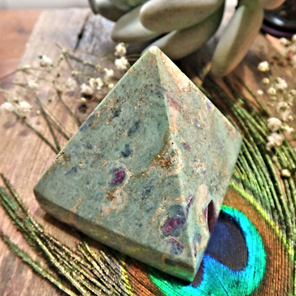 Mint Green & Burgundy Ruby Inclusions Ruby Fuschite Pyramid Display Carving *(REDUCED)* - Earth Family Crystals