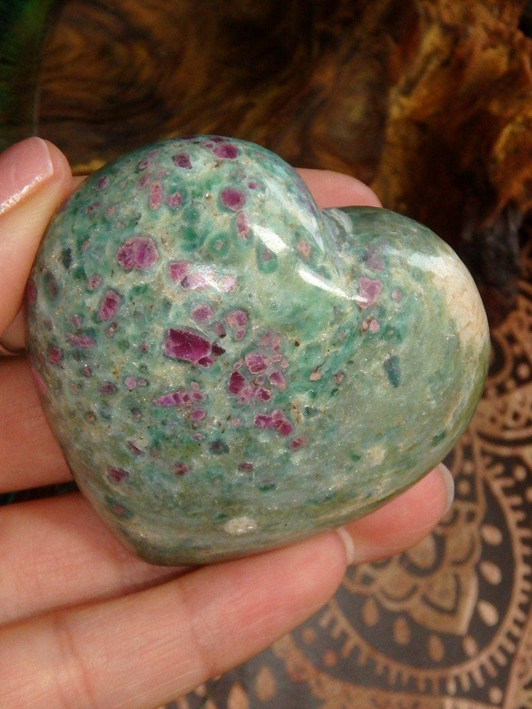 Beautiful Mint Green & Raspberry Red Ruby Fuschite Heart Carving - Earth Family Crystals