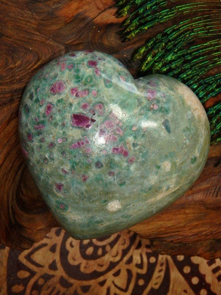 Beautiful Mint Green & Raspberry Red Ruby Fuschite Heart Carving - Earth Family Crystals