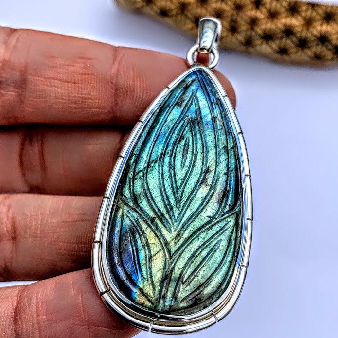 Fabulous Flower Carved Large Labradorite Pendant in Sterling Silver (Includes Silver Chain) #1 - Earth Family Crystals