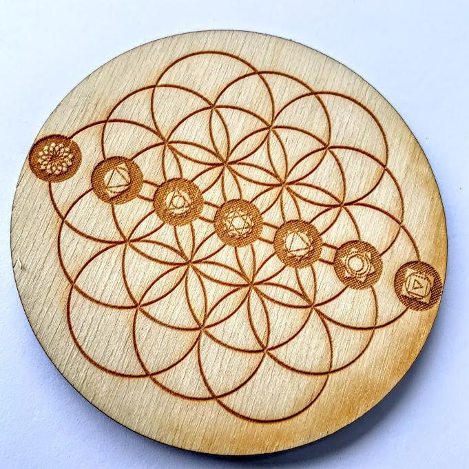 Crystal Mandala Set- 8 Golden Healer Mini Points & Mini Flower of Life Birch wood board - Earth Family Crystals