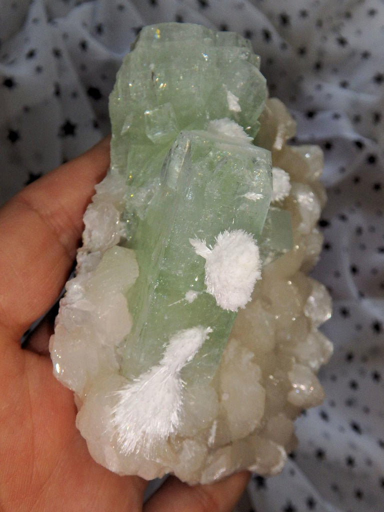 Rare Mordenite Puff Balls on Rare Green Apophyllite & Pink Stilbite Large Cluster From India - Earth Family Crystals