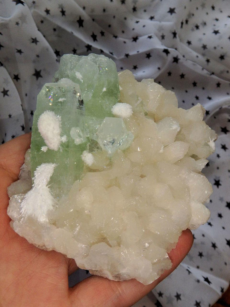 Rare Mordenite Puff Balls on Rare Green Apophyllite & Pink Stilbite Large Cluster From India - Earth Family Crystals