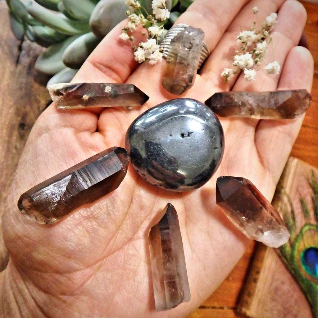 Protective Mandala Kit~Set of 6 Natural Brazilian Smoky Quartz Points & 1 Shiny Hematite Tumbled Stone - Earth Family Crystals