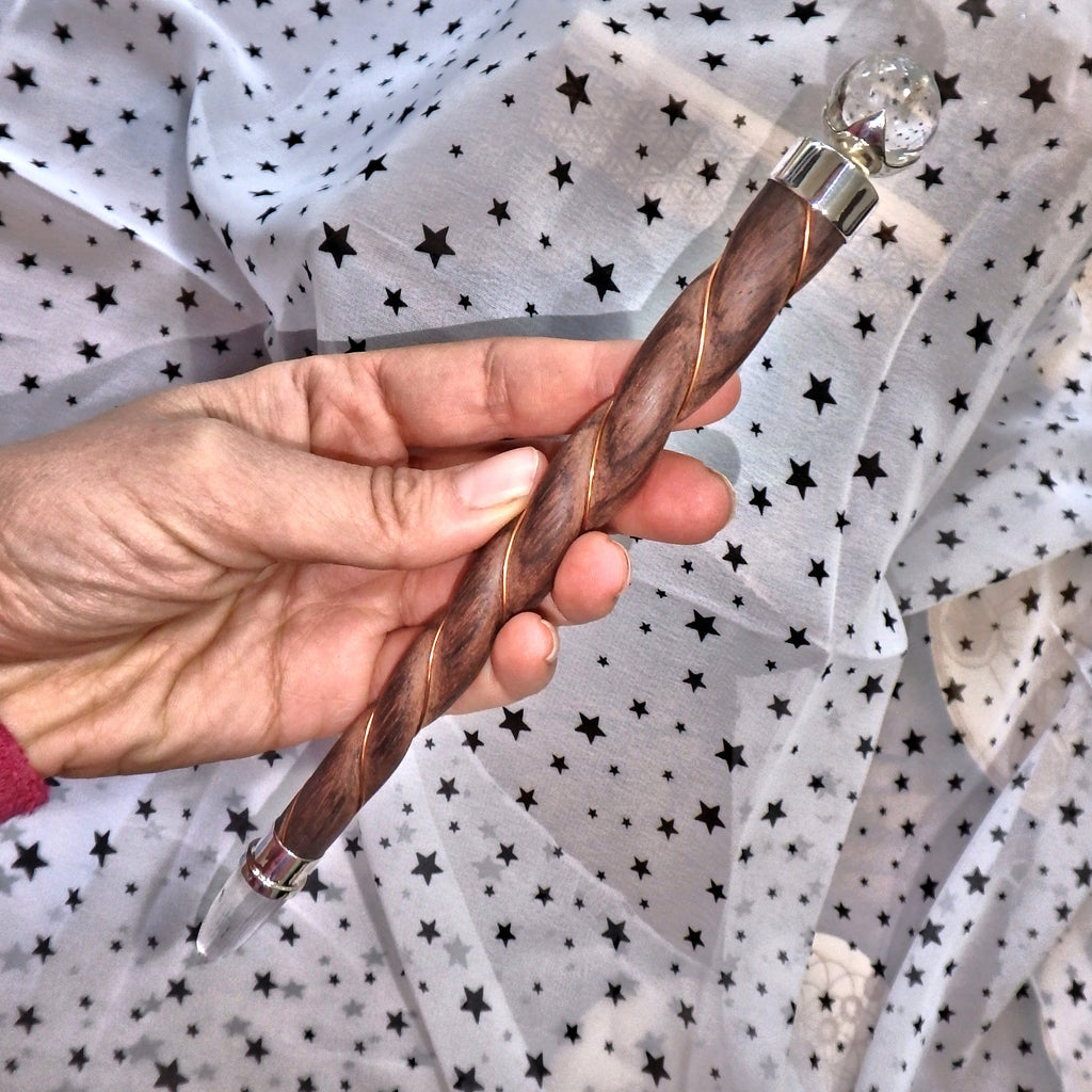 Rose Wood & Himalayan Quartz Copper Wire Wrapped Healing Wand - Earth Family Crystals