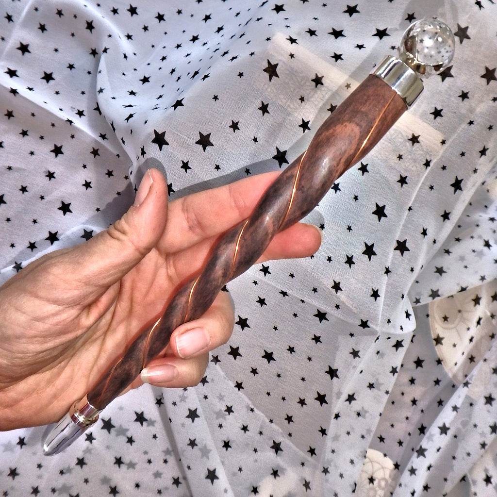 Long Rose Wood & Himalayan Quartz Copper Wire Wrapped Healing Wand - Earth Family Crystals