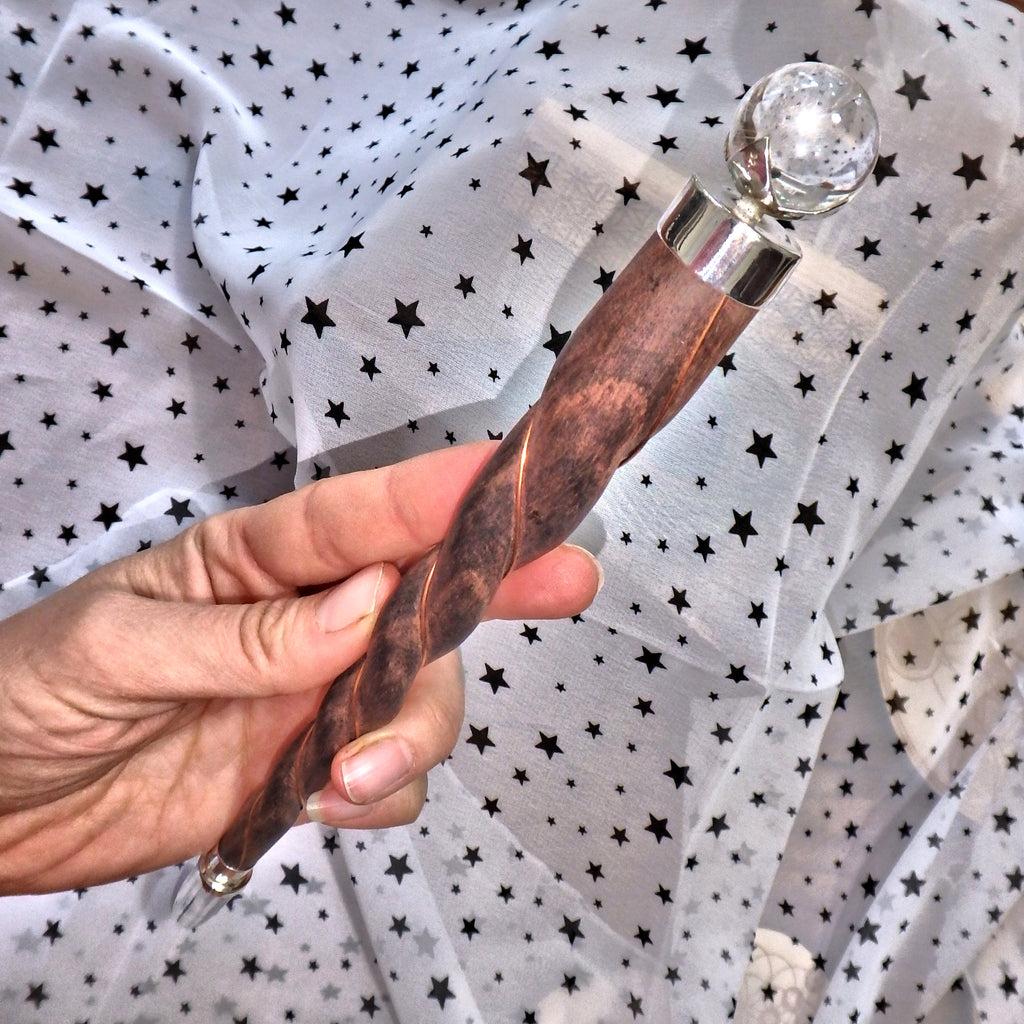 Long Rose Wood & Himalayan Quartz Copper Wire Wrapped Healing Wand - Earth Family Crystals