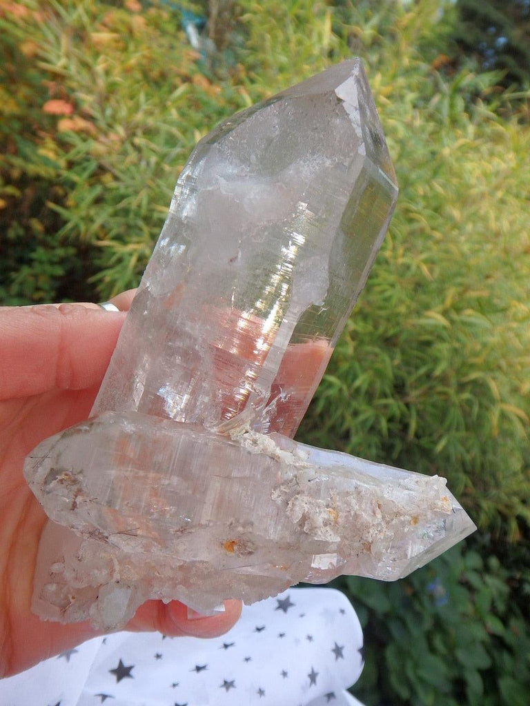 One of a Kind Large Rainbow Filled Himalayan Quartz With Intertwined DT Rutilated Point & Babies With Self Healing - Earth Family Crystals